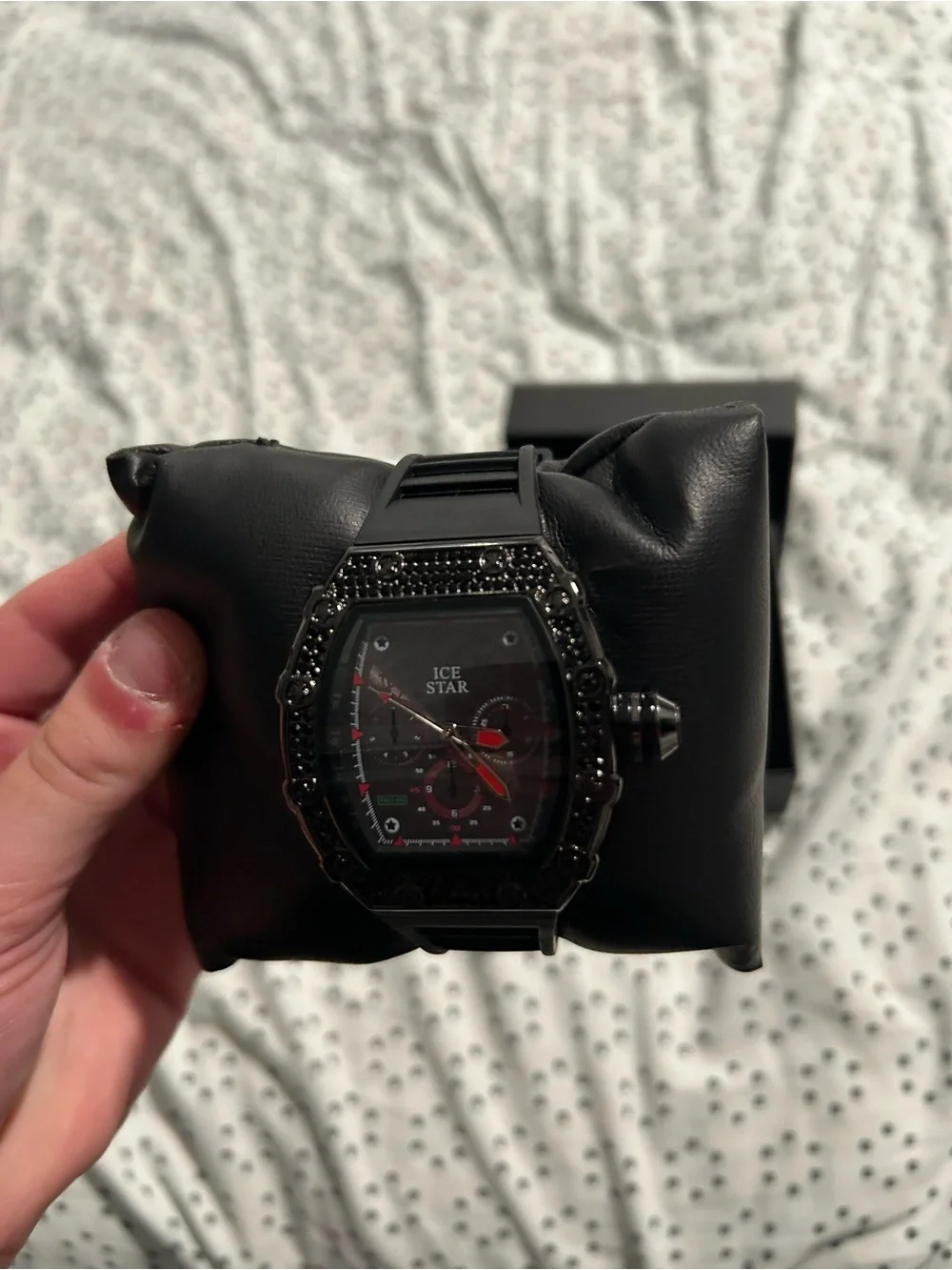 Men's Black Chronograph Ice Star Watch with Red Accents
